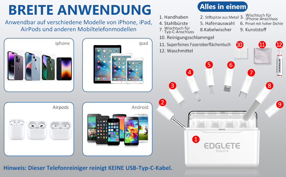 Набір для чищення iPhone та смартфонів: лінійний роз'єм, насадки для динаміків, інструменти для ремонту iPad Pro, Lightning кабель (білий)