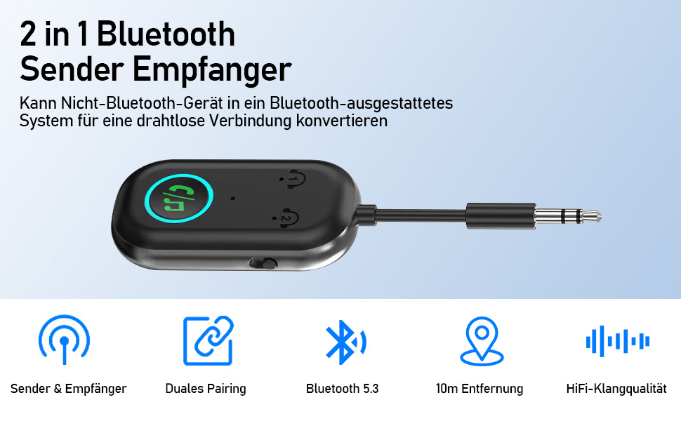 Bluetooth передавач/приймач 2-в-1: адаптер Bluetooth 5.3 з аудіороз'ємом 3.5 мм для навушників, авто, ТВ та аудіосистем