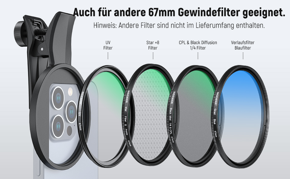 NEEWER Фільтр CPL 67mm для смартфонів та об'єктивів, циркулярний поляризаційний фільтр, сумісний з iPhone, Samsung Galaxy S25 Ultra, Google Pixel, Huawei, Xiaomi