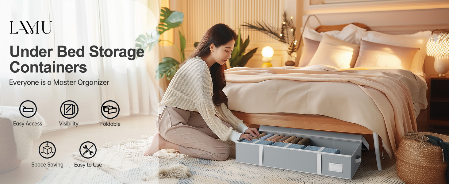 Комод під ліжко LAMU 2 шт., ящик для зберігання під ліжко з кришкою, великий, складний, сумка для зберігання одягу з віконцем та 4 ручками для ковдр, одягу, взуття, сірий, 80x40x15 см, 48 л, сірий