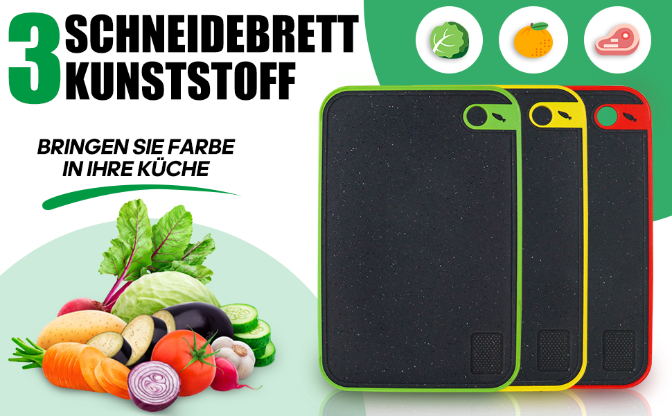 Набір з 3 дощок для нарізання з пластику, кухонні дошки з антибактеріальним покриттям, неслизькі з жолобом для соку та пресом для часнику (червоний, жовтий, зелений)