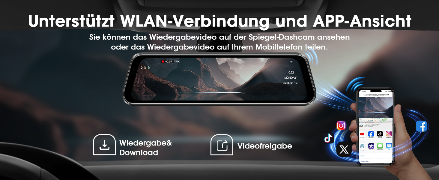 Відеореєстратор Vtopek 4K WiFi дзеркало з камерою заднього виду, 10
