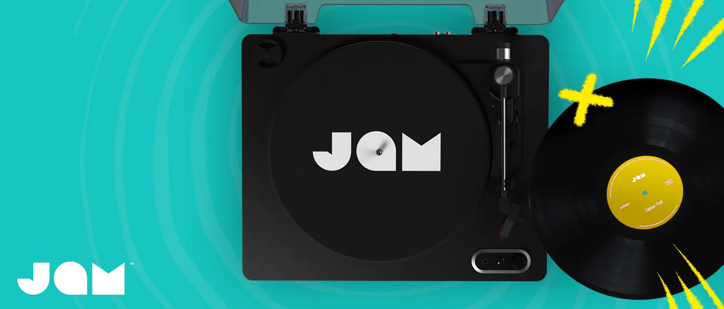 Програвач вінілових пластинок JAM з колонками Bluetooth – чорний. 3 швидкості, вбудовані динаміки, пилозахисний ковпак, попередньо налаштований тонарм, засіб для чищення вінілу.