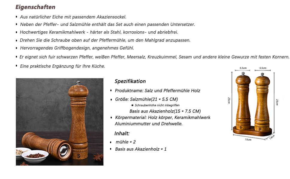 Двокомпозитна млинка для солі та перцю з дерева з підставкою, набір великих подрібнювачів спецій з регульованим керамічним механізмом для солі та перцю (21 см)