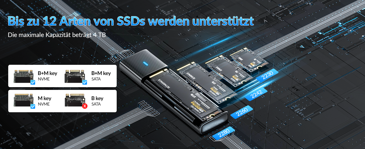 Зовнішній корпус для M.2 SSD SETMSPACE NVMe та SATA, алюмінієвий адаптер USB для M-Key та B&M-Key, безінструментальна збірка, сірий