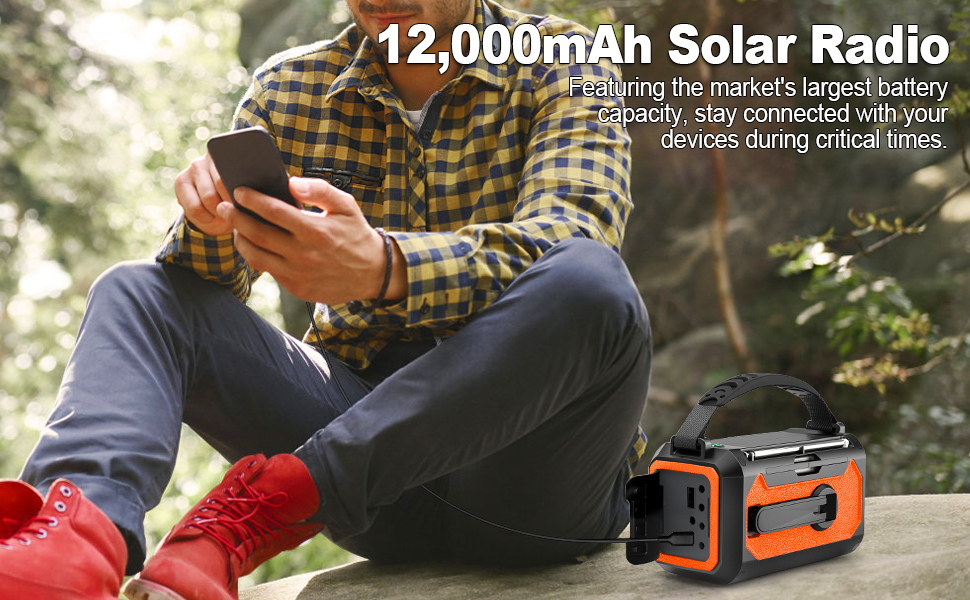 Радіоприймач Kurbelradio на 12000mAh з підзарядкою телефону, сонячне радіо з 2 сонячними панелями, портативне радіо для надзвичайних ситуацій AM/FM з навушником, ліхтарик, компас, SOS-сигнал для кемпінгу та відпочинку на природі, оранжевий