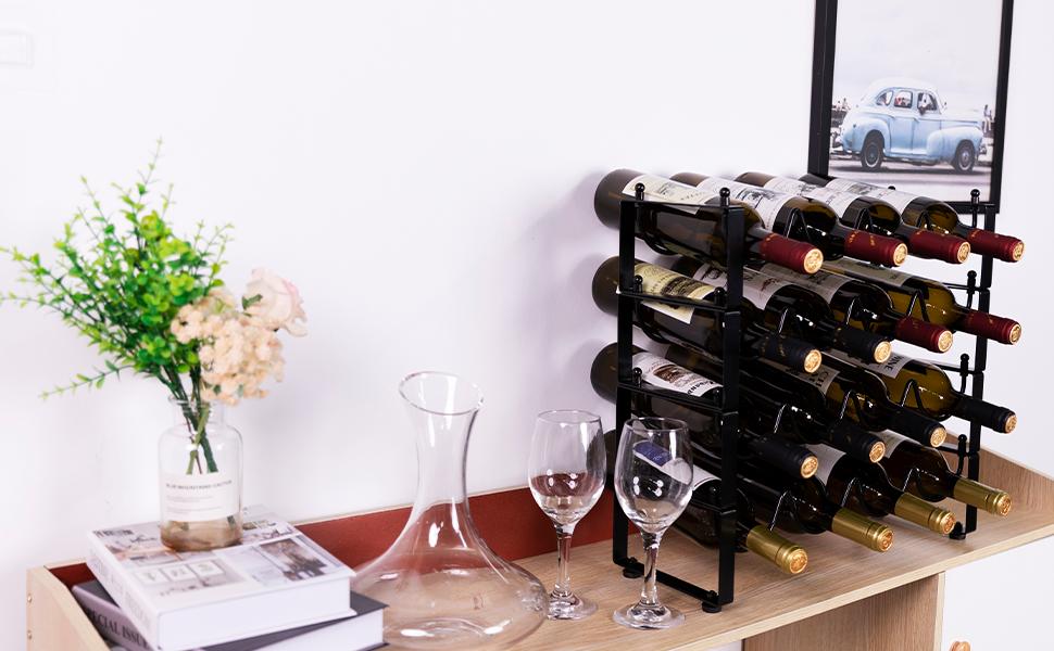 4-Tier Stackable Wine Rack, 3-in-1 Bottle Rack for 16 Bottles, Can Be Used Separately or Stacked Metal Wine Bottle Rack, Freestanding Wine Storage Rack for Cabinet Pantry (Black)