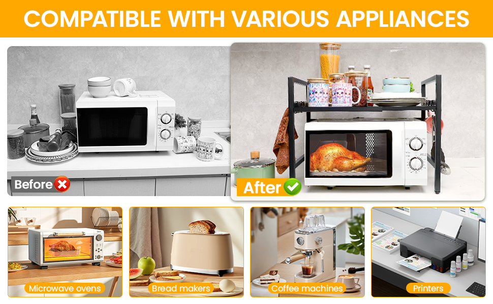 Регульована полиця для мікрохвильової печі, 2-ярусна, розширювана полиця для кухні з вуглецевої сталі з 8 гачками, підставка для кухонного приладдя, стійка для мікрохвильової печі та органайзер для кухні