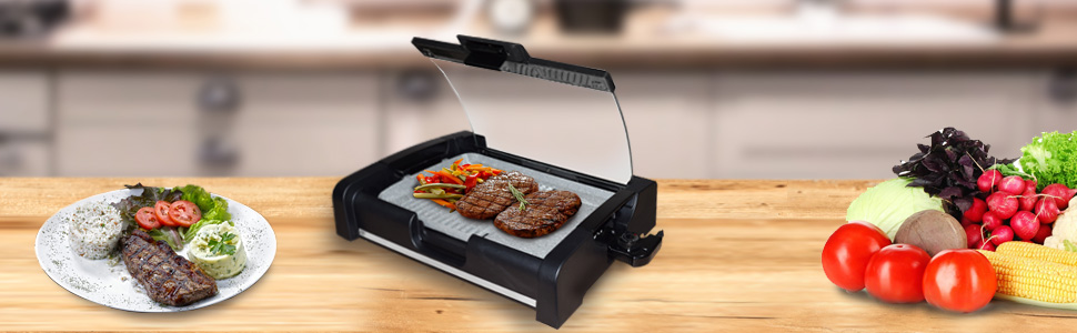 Syntrox Germany TG-1650W Electric Table Grill with Ceramic Plate - BBQ Grill with Glass Lid
