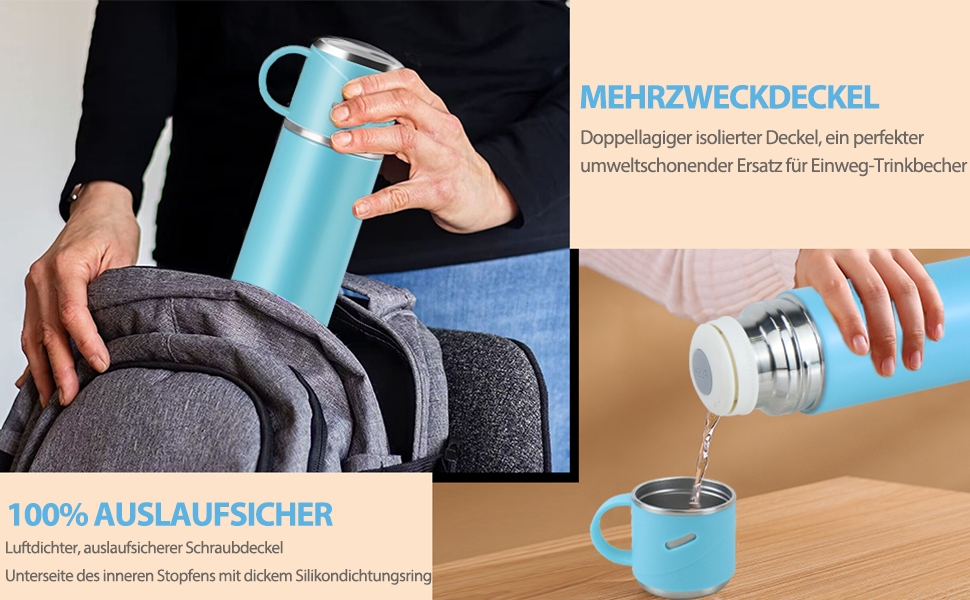 Термос IAGORYUE з нержавіючої сталі, 0,55л, ізольована пляшка з кришкою без витоку та ручкою, подвійні стінки, зберігає тепло та холод до 12 годин - для спорту, офісу, активного відпочинку (блакитний)