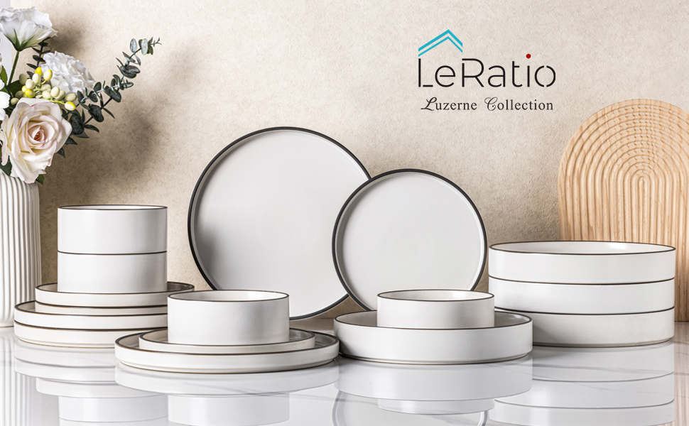 Набір посуду LeRatio для 6 осіб, 18 предметів, керамічний, стійкий до подряпин, білий з чорним контуром