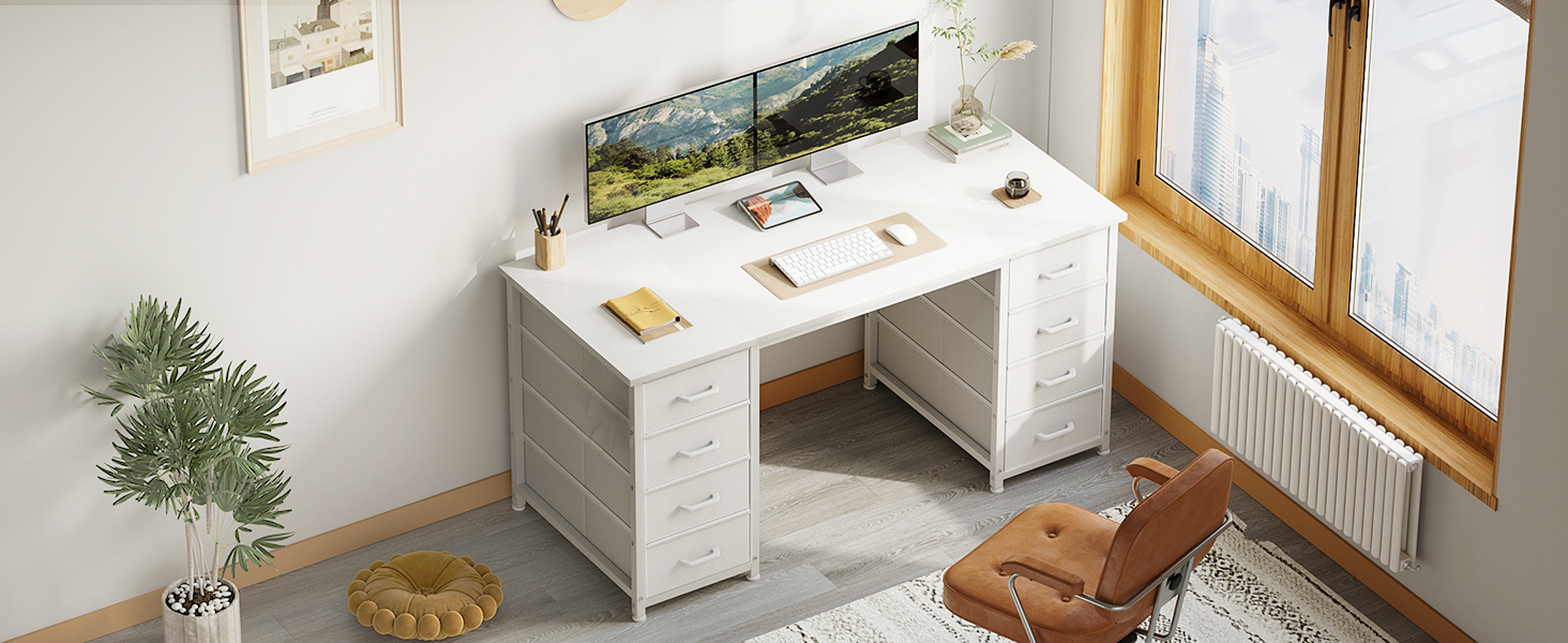 Комп'ютерний стіл Coleshome з 8 висувними ящиками з тканини, 140x48 см, білий. Зберігання, для офісу, дому, ігровий стіл.