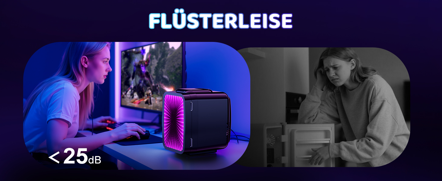 Міні холодильник MF01C з 7 режимами підсвічування та ефектом миготливої вивіски, тиха функція охолодження/підігріву, AC/DC, 4L/6 банок, для ігрової кімнати, спальні, офісу та авто, чорний