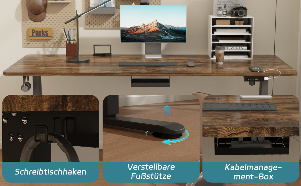 Електричний регульований стіл Airfish 140x70 см з кабельною гондолою та USB-портом. Офісний стіл, стоячий стіл з нагадуванням про сидячу роботу, вінтажний коричневий.
