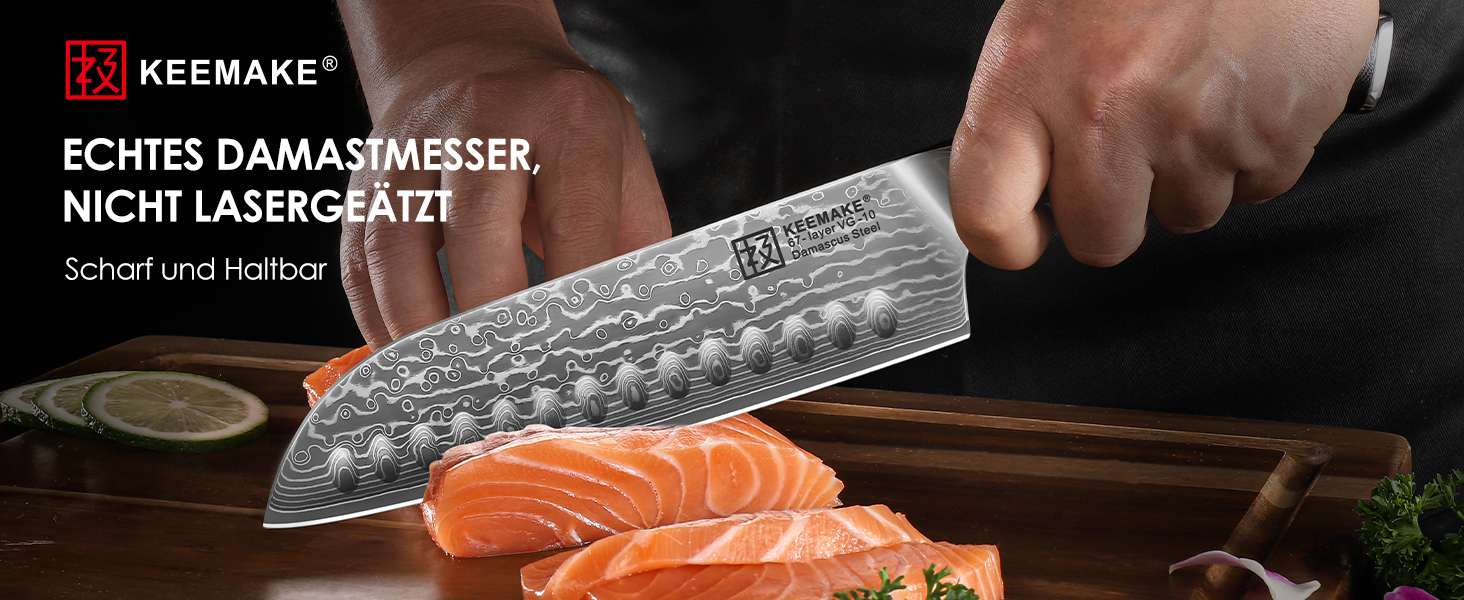 Ніж Santoku Keemake Damastmesser 17.8 см, професійний кухонний ніж з дамаської сталі (67 шарів) для м'яса та риби, ніж для шеф-кухаря 18 см