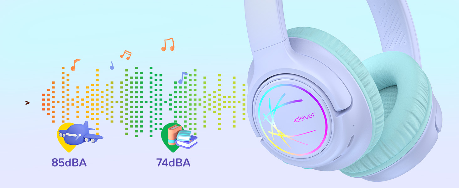 iClever Бездротові навушники для дітей з LED-підсвіткою, обмеження гучності 74/85дБ, 43 години роботи, стерео звук, Type-C, AUX-кабель, Bluetooth 5.3, для планшетів/подорожей (Чорний та фіолетовий)