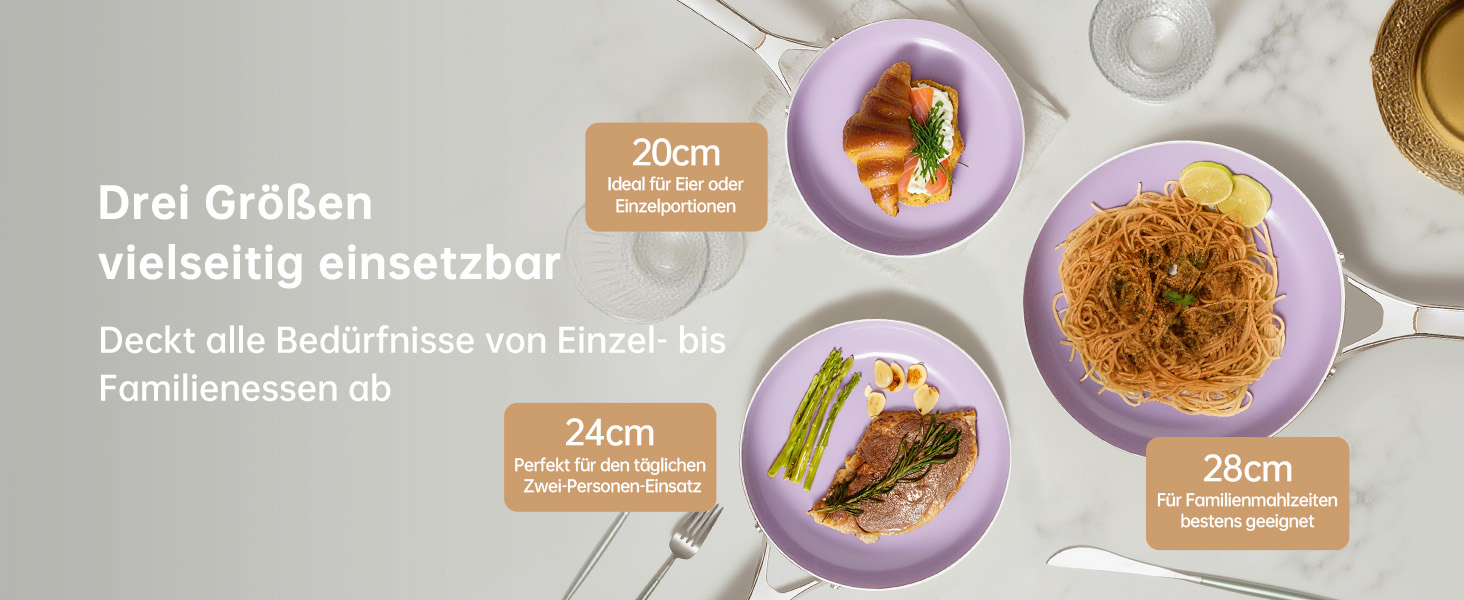 Набір антипригарних сковорідок Tjean з керамічним покриттям (без PTFE, PFOA, PFAS) з нержавіючою ручкою, підходить для індукційних, газових, електричних плит та духовки до 280°C (фіолетовий, 20+24+28 см)
