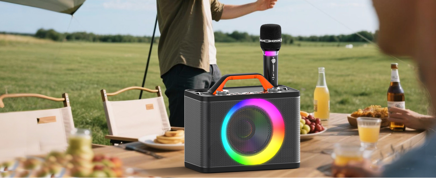 Караоке машина з 2 бездротовими мікрофонами RGB – 5200 mAh, 10 RGB-режимів, незалежне керування, 13 годин відтворення, Hi-Fi звук, підтримка AUX/USB/TF-карт/Coax, чорний