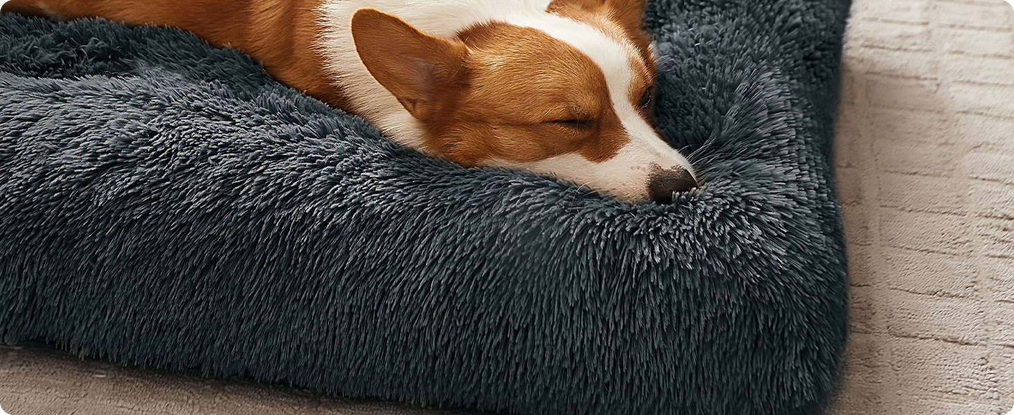 Ліжко для собак Feandrea, м'який лежак, пухнаста підстилка, довгий плюш, 110 x 73 см, м'яка підкладка, можна прати в пральній машині, кошик для собак, багатофункціональне, портативне, темно-сірий