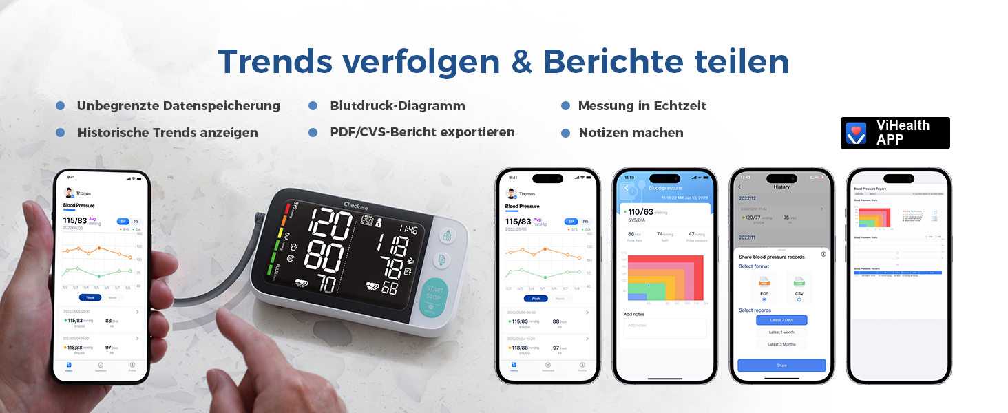 Тонометр на плече CheckMe з великим екраном, Bluetooth, виявлення аритмії, для вагітних та діабетиків, 22-45 см, чорний