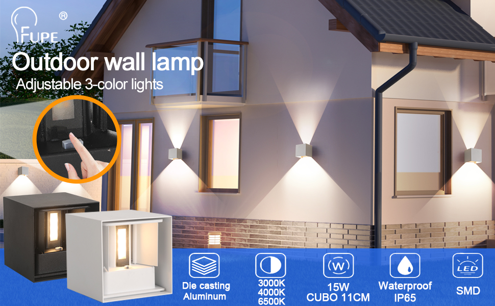 LED вуличне/внутрішнє настінне освітлення FUPE 15W, регульоване, 3 кольори, IP65, алюміній, чорний
