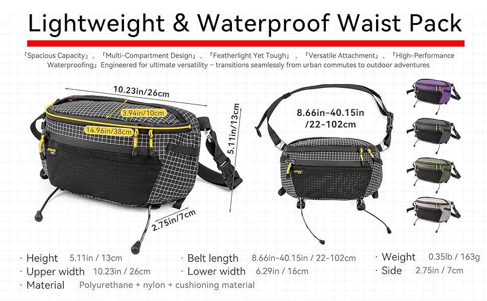 Чоловіча поясна сумка на пояс, чорна, ультралегка, водонепроникна, з нейлону, для спорту, подорожей, прогулянок з собакою