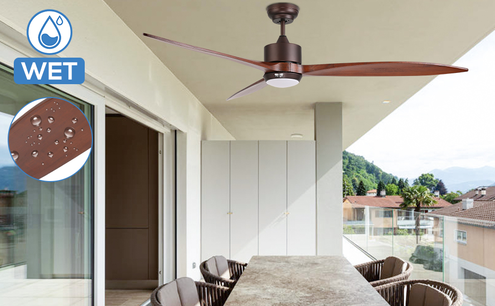 Стеляний вентилятор Reiga з підсвічуванням, 165 см, масивне дерево для зовнішнього використання IP44, диммована LED-лампа та DC-двигун, сумісний з Alexa & Google Home з пультом керування, дерев'яні лопаті, колір: коричневий