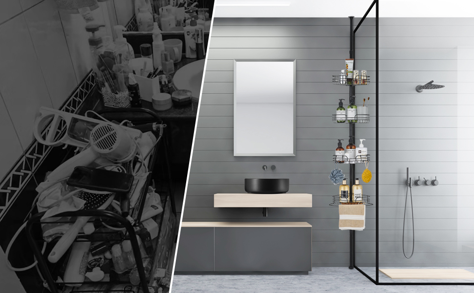 DUFU Поличка для душу та ванни кутова металева з 4 кошиками, регульована висота 73-265 см, чорна