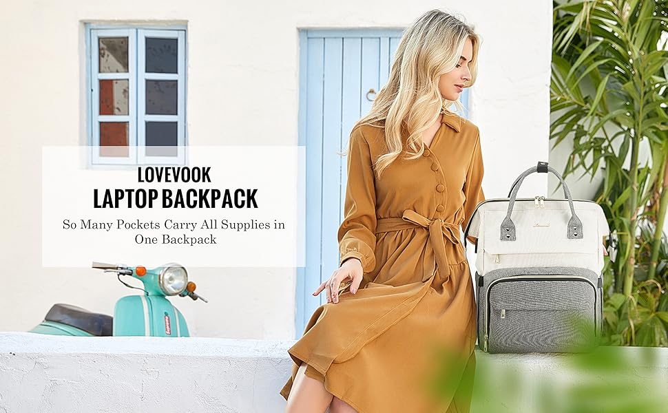 Рюкзак для ноутбука LOVEVOOK 17 дюймів: стильний рюкзак для жінок, підліток, для навчання, роботи та подорожей (бежево-сірий)