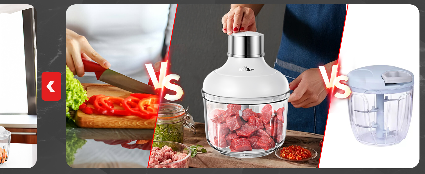 Електричний міні-чопер Bear 0.6L+2L: подрібнювач/м'ясорубка з 4-ма лезами з нержавіючої сталі, скляний контейнер для м'яса, дитячого харчування, фруктів та овочів
