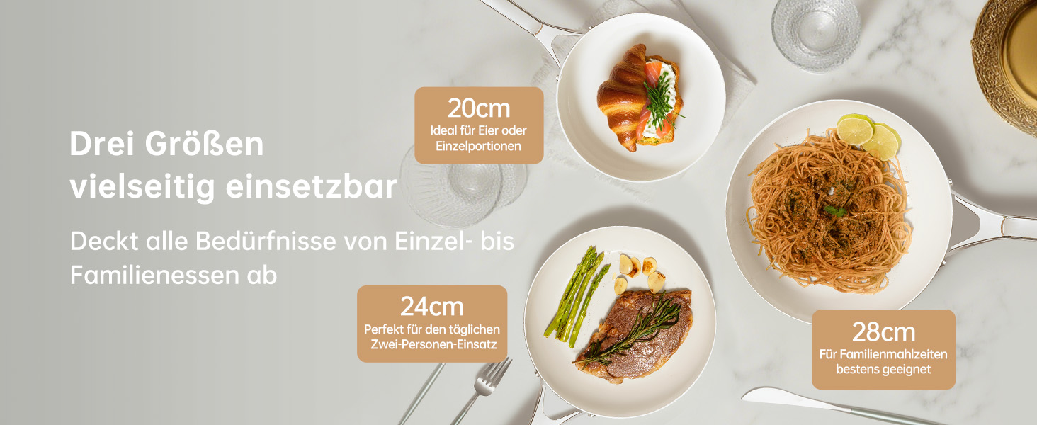 Набір сковорідок з керамічним антипригарним покриттям Tjean (без PTFE, PFOA, PFAS) з нержавіючою ручкою, підходить для індукційних, газових, електричних плит та духовки до 280°C (кремовий, 20+24+28 см)