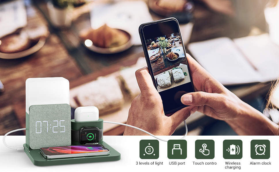 Бездротовий зарядний пристрій COLSUR 3 в 1: зарядка, нічник, будильник (зелений)