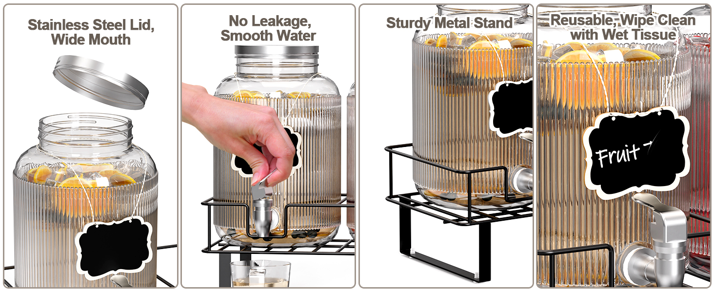 2 шт. скляні диспенсери для напоїв на 4 л з краном, металевий стійка та мірний стакан, для соку/коктейлів/трав'яного чаю, диспенсер для соку на вечірки та весілля