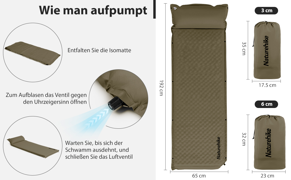 Каремат Naturehike самонадувний з подушкою, комбінований двомісний, ультралегкий, 3 см, армійний зелений, для кемпінгу та подорожей