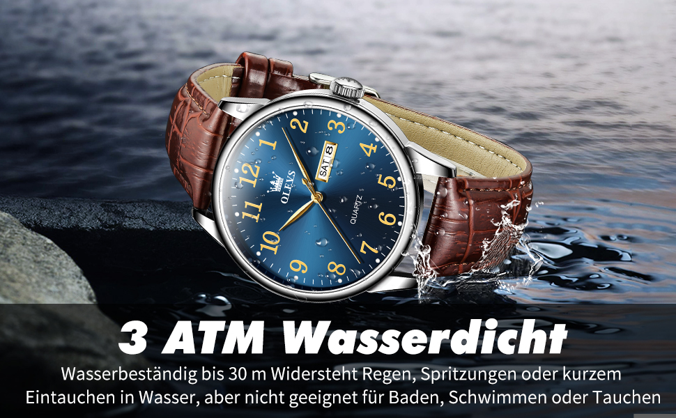 Чоловічий годинник OLEVS з нержавіючої сталі, кварцовий, аналоговий, класичний, бізнес-стиль, водонепроникний, з підсвічуванням, з датою, на шкіряному ремінці (A2 - синій циферблат/коричневий ремінь)