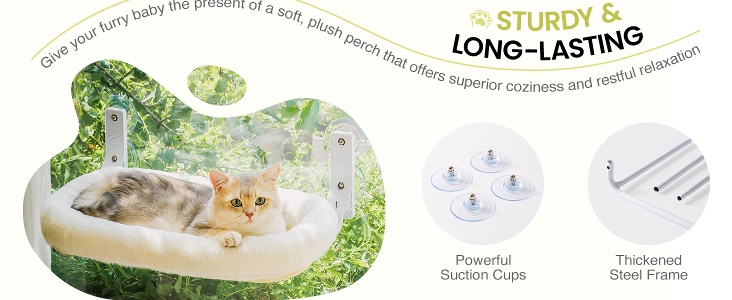 MEWOOFUN Large Cat Hammock Window with Removable Thick Cover - Foldable, Stable, 4 Strong Suction Cups, Holds 18kg (White, M)