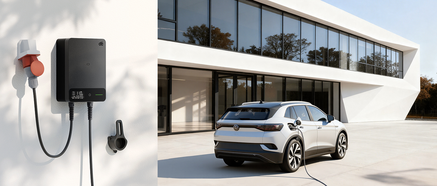 Зарядна станція для електромобілів Dé Mobile 11 кВт (6 м) з регулюванням потужності, кабель CEE 16A на Typ 2, сумісна з Model Y/3, ID.3/4/5, MG4, EX30, e-up, e-tron та BEV/PHEV