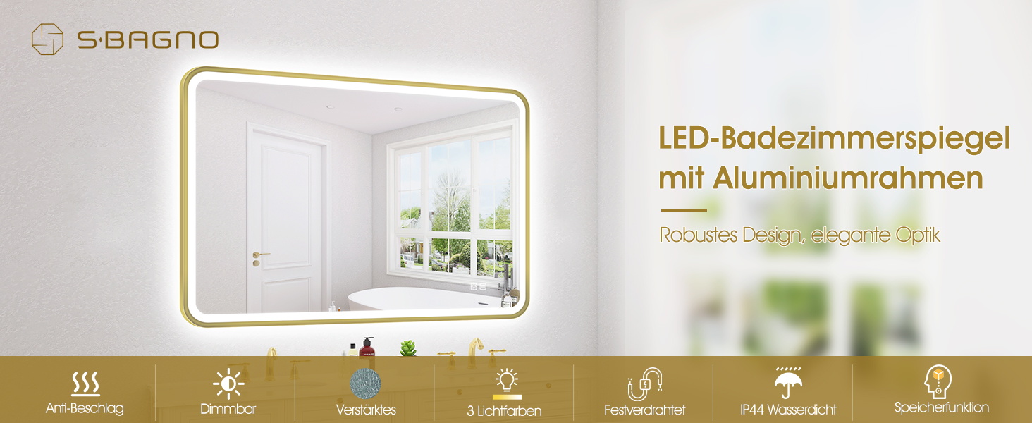 Дзеркало для ванної кімнати S'bagno з підсвічуванням 100x70 см, з алюмінієвою рамою, антизапарююче, 3000-6500K, функція пам'яті, IP44, горизонтальне/вертикальне, чорний колір, M99 (без Bluetooth)