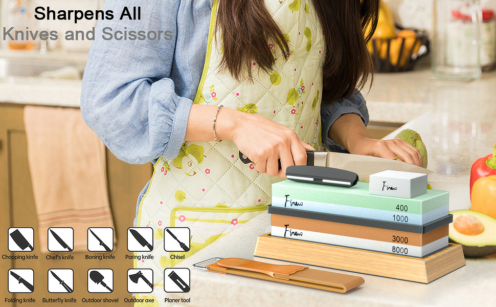 Набір для заточування ножів Schleifstein, двосторонній 400/1000/3000/8000 гріт, з відточувальним каменем, бамбуковою основою, кутовою направляючою, шкіряним ремінцем та полірувальною пастою