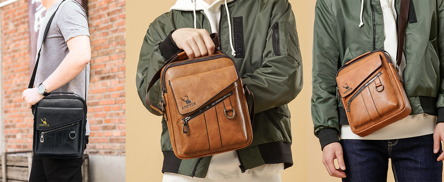 Чоловіча сумка через плече ANPTER: шкіряна сумка-месенджер, сумка на пояс, сумка через тіло, вінтажний стиль, коричнева