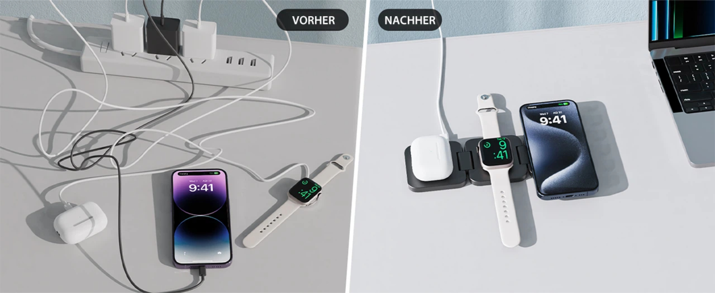 Зарядна станція KU XIU X55 15W MagSafe 3-в-1: для Apple Watch, iPhone 17-12, AirPods + USB-C 30W адаптер, сіра, складана, магнітна
