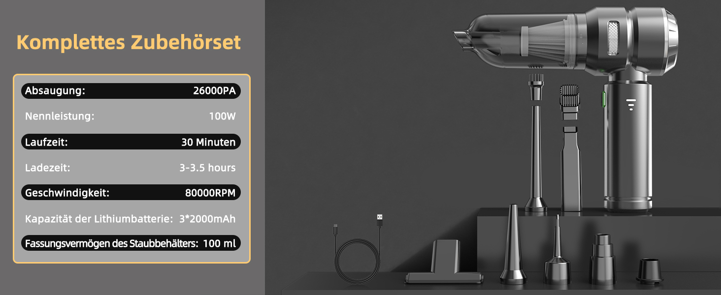 Портативний бездротовий пилосос NVKHG з акумулятором, 26000Pa, 3 швидкості, безщітковий двигун, для дому, авто, офісу, видалення шерсті тварин, срібний