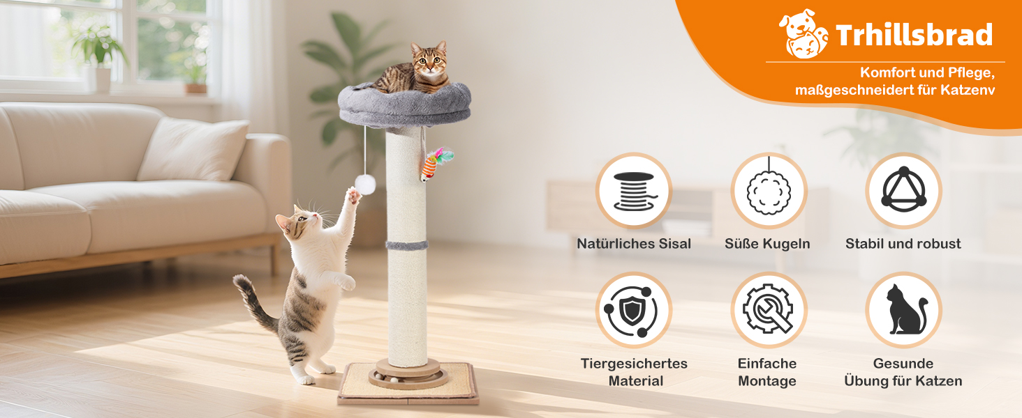 Дряпка для котів Trhillsbrad 81 см з м'ячиком та іграшками, з сизалю, для котів та дорослих котів