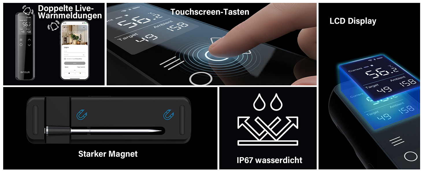 Термометр для гриля та духовки BFOUR WiFi Bluetooth з 6 датчиками, IP67, 2600mAh, керування через додаток