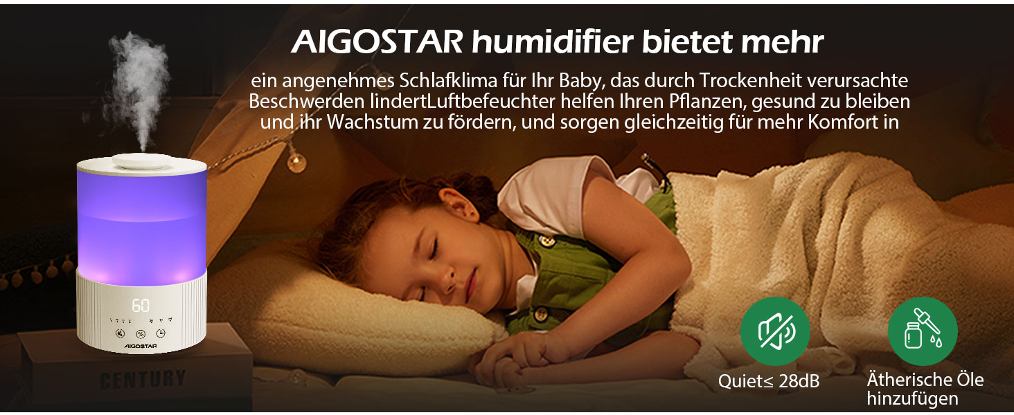 Зволожувач повітря Aigostar 2.5L з нічним світлом, 28dB, 3 режими, аромадифузор, для дитячої кімнати, рослин, немовлят