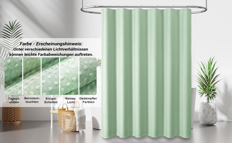Штора для душу BTTN Waffel 180x200 см, зелено-м'ятна, антигрибкова, з водонепроникною плівкою, 12 гачків, поліестер