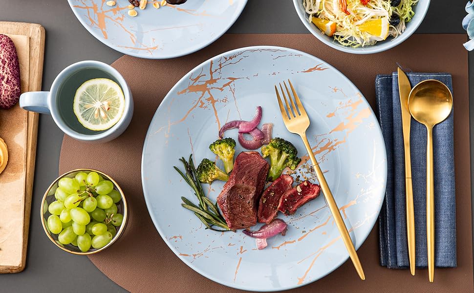 LOVECASA Сервіз столовий порцеляновий, 48-штучний набір посуду Sweet 16, сервіз для їжі з золотим декором, для 4-12 осіб, лавандовий колір