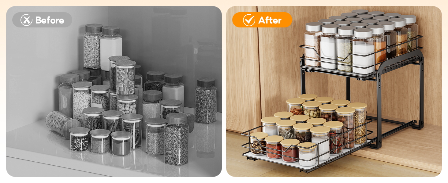 Висувна полиця для спецій на 2 яруси, регульована висота, органайзер для кухонної шафи. Висувна полиця для спецій з наклейками для кухні та робочої поверхні, розмір 26x23x23 см