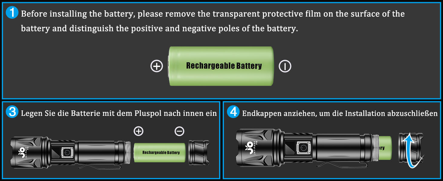 Ліхтар JAY-PARK 500000 Люмен: Потужний акумуляторний ліхтар з LCD-дисплеєм, 5 режимів освітлення, Zoom, дальність 3000м, для кемпінгу та активного відпочинку, матовий чорний