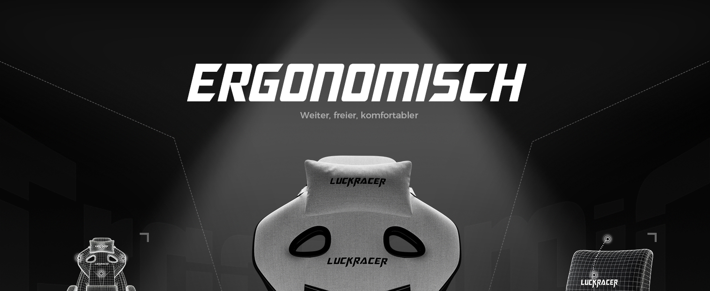 Ігрове крісло LUCKRACER для комп'ютера та офісу, з підставкою для ніг, подушкою з ефектом пам'яті, кутом нахилу 90–155° та міцною тканиною, витримує до 150 кг (Біле, Тканина)
